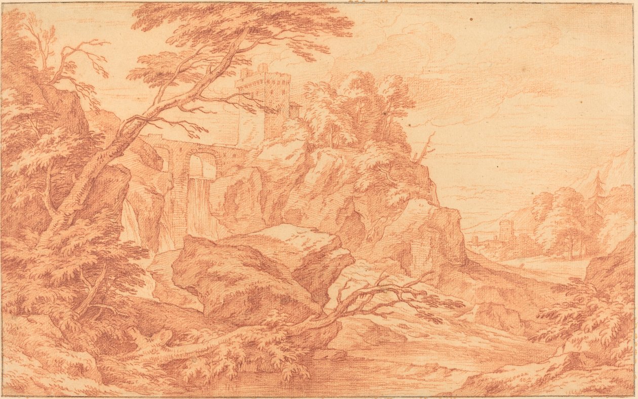 Ett stenigt landskap med ett stentorn och ett vattenfall av attributed to Adriaen Frans Boudewyns