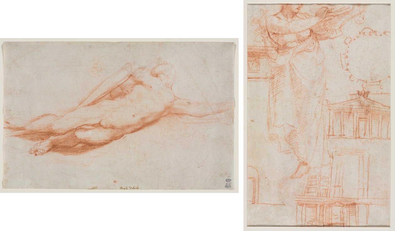 Studie av en fallen soldat (möjligen omvändelsen av Saul) (recto); En draperad kvinnlig figur (möjligen en Amazon) och arkitekturstudier (verso) av attributed to Correggio