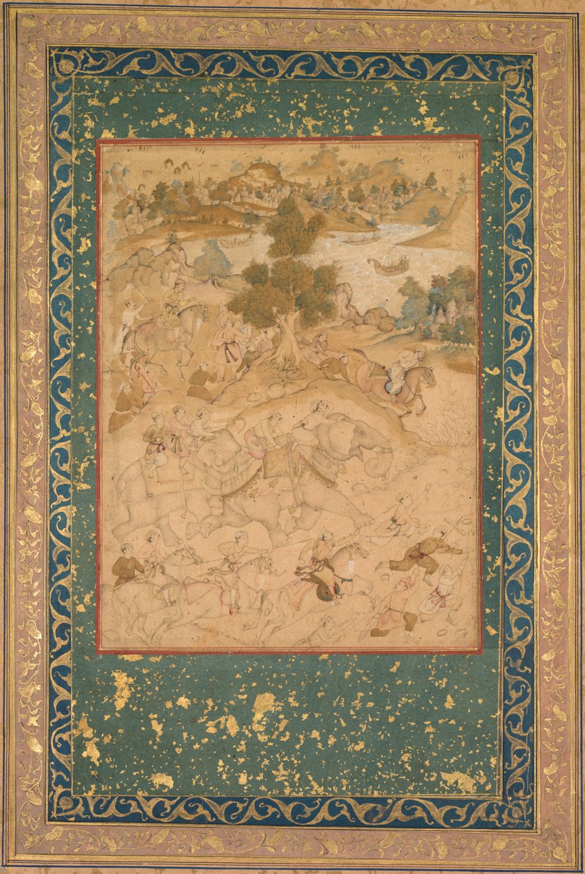 Akbar övervakar fångsten av vilda elefanter vid Malwa 1564, målar 90 från en Akbar-nama (bok om Akbar) av Abu