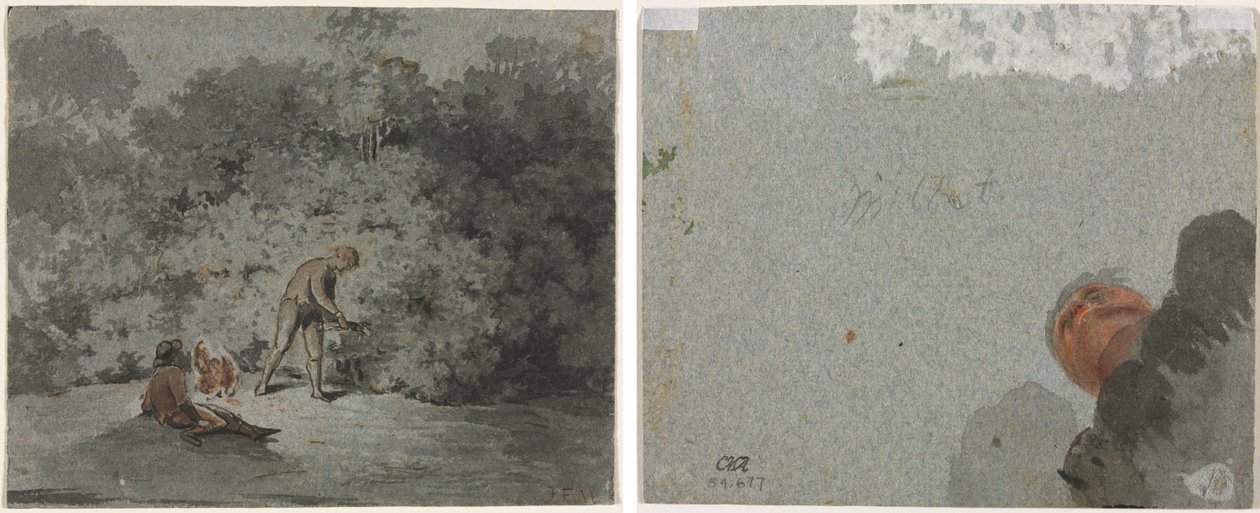 Fagot Gatherer (recto) Studie av ett huvud sett underifrån (verso) av attributed to Francisque Millet