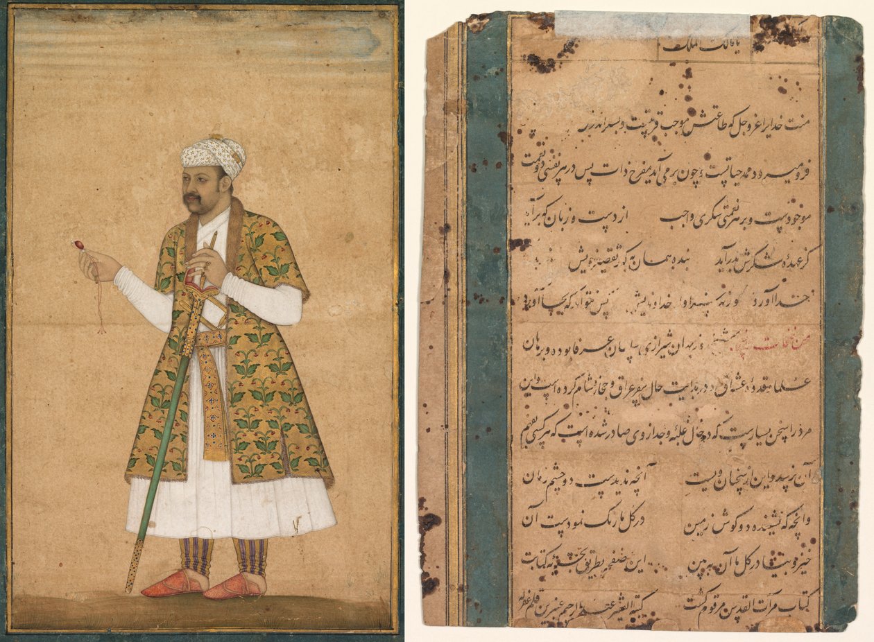 En hovman, möjligen Khan Alam, som håller en spinell och ett Deccan-svärd av attributed to Govardhan