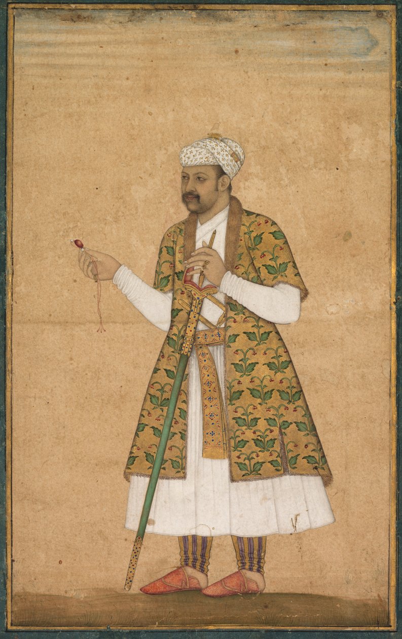 En hovman, möjligen Khan Alam, som håller en spinell och ett Deccan-svärd av attributed to Govardhan