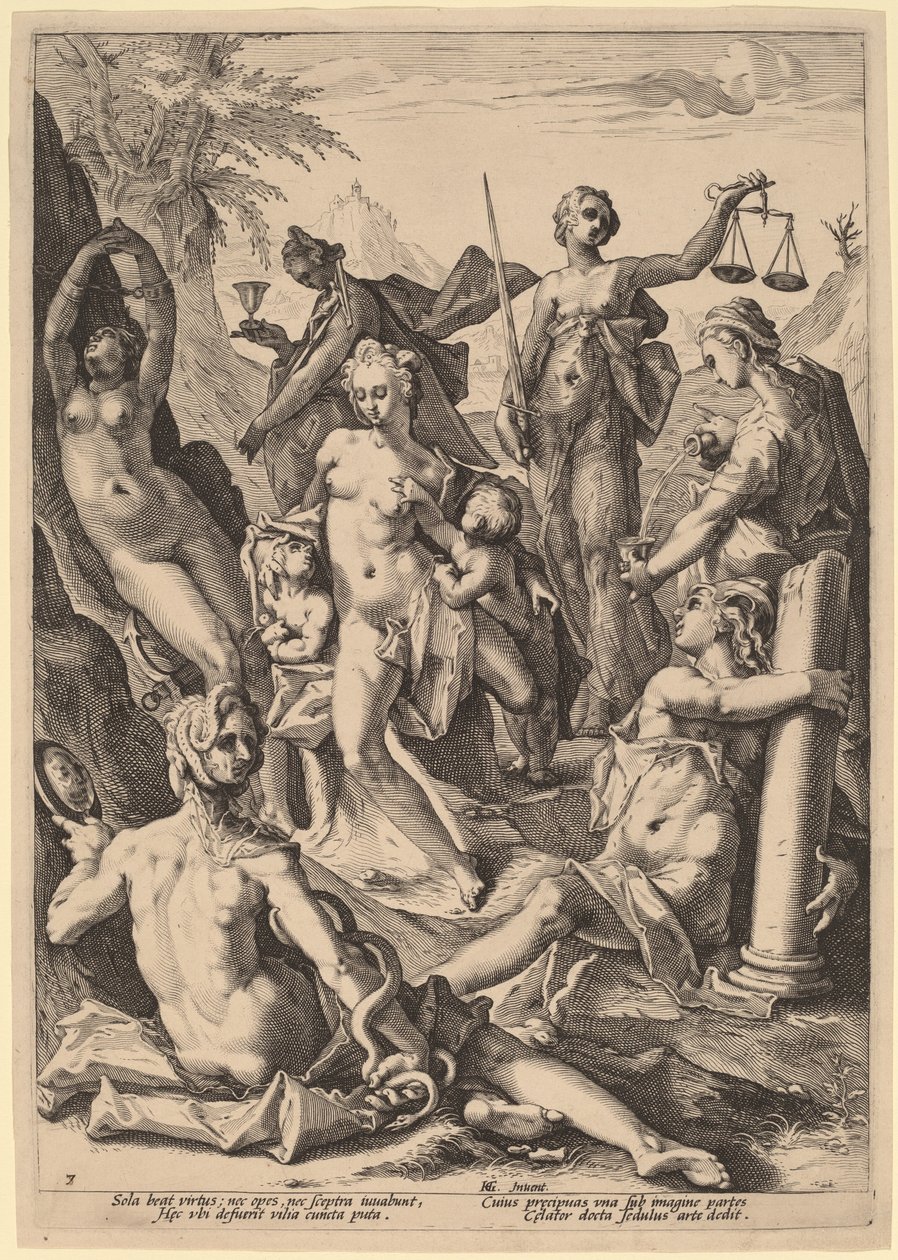 De sju dygderna av attributed to Jacob Matham, after Hendrik Goltzius