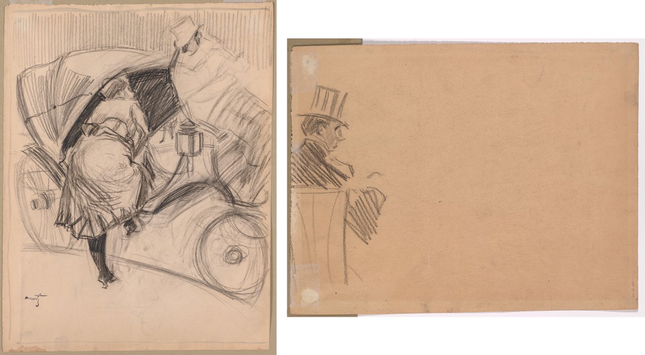 Kvinna som går in i en fiaker (recto); Höger profil av man som bär hög hatt (verso) av attributed to Jean Louis Forain
