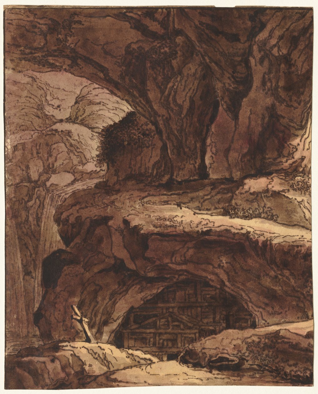 Stenigt landskap med ett grottkapell av attributed to Johann Martin von Rohoden