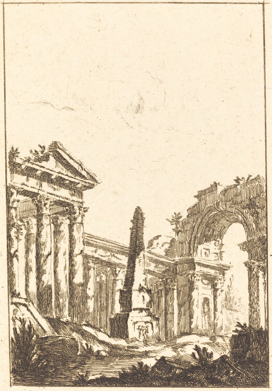 Capriccio med ruiner och en obelisk av attributed to Jérôme Charles Bellicard