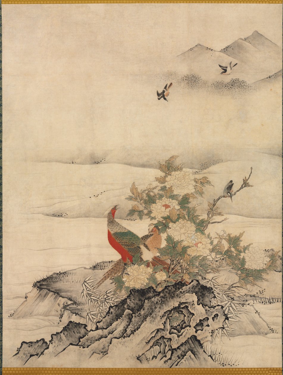 Blommor och fåglar i ett vårlandskap av attributed to Kano Motonobu