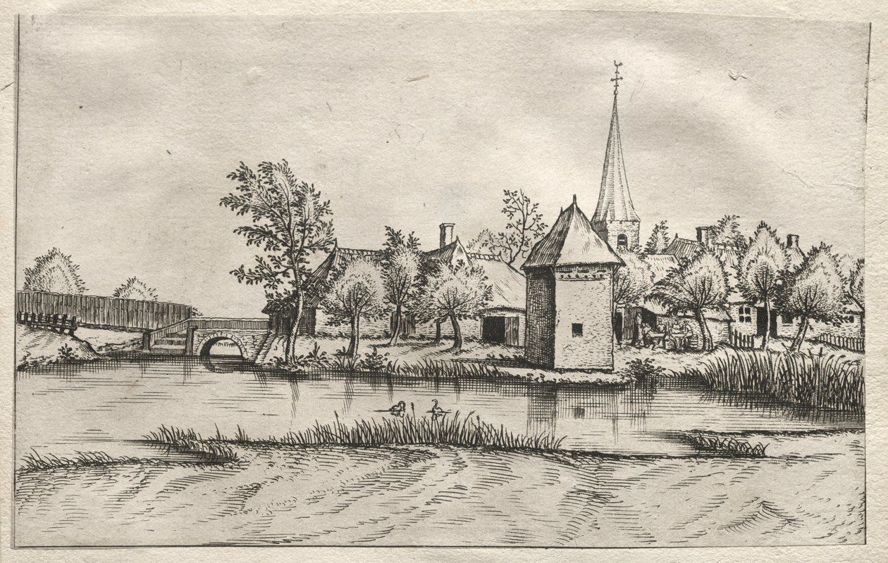 Utsikt över byar i Brabant och Campine: A Moated Village av attributed to Master of the Small Landscapes
