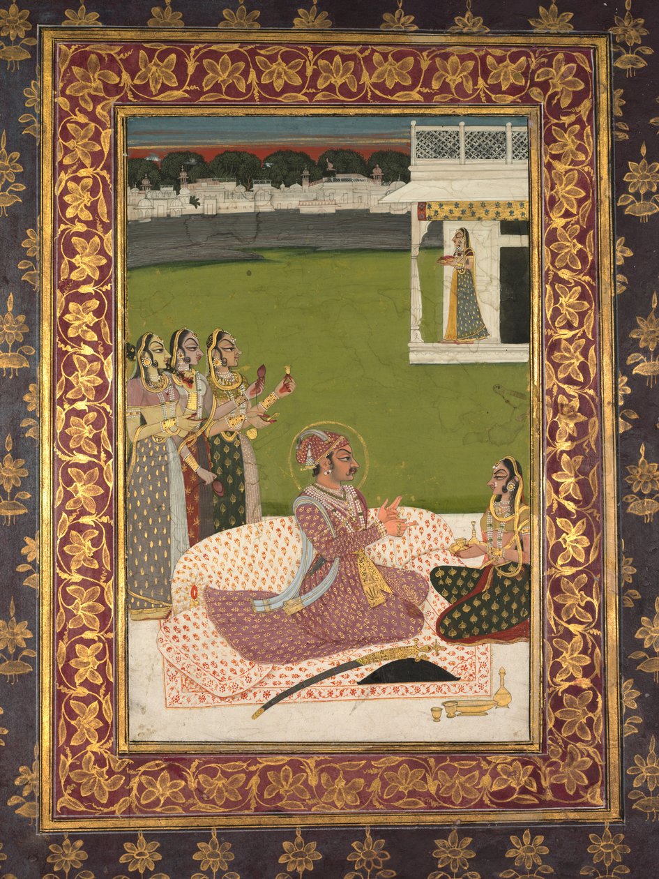 Porträtt av Maharaja Savant Singh med gemål, Bani Thani av attributed to Nihal Chand