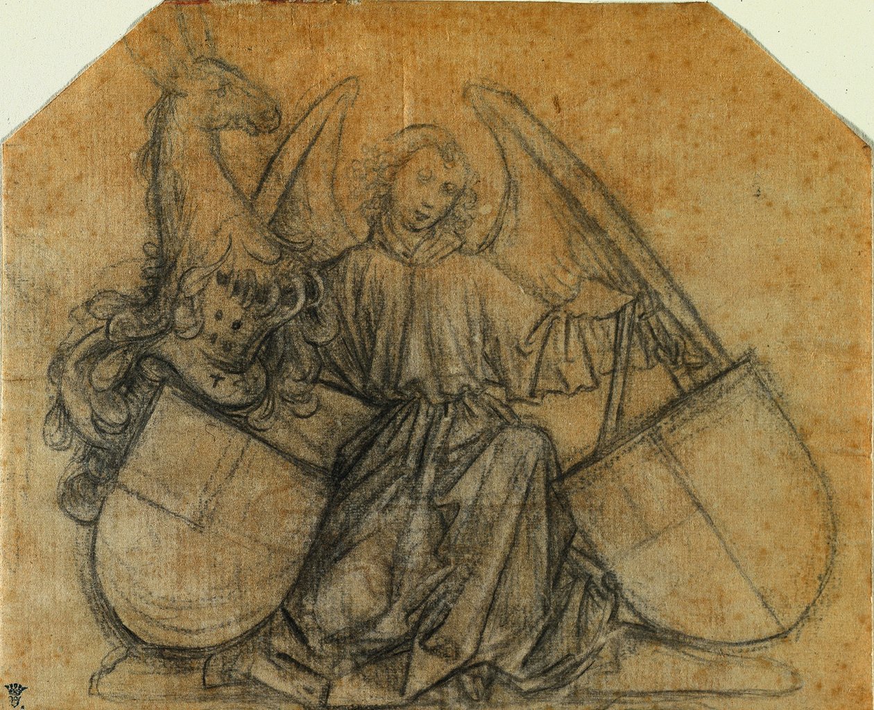 En ängel som stödjer två skyltar av attributed to Nikolaus Gerhaert von Leyden