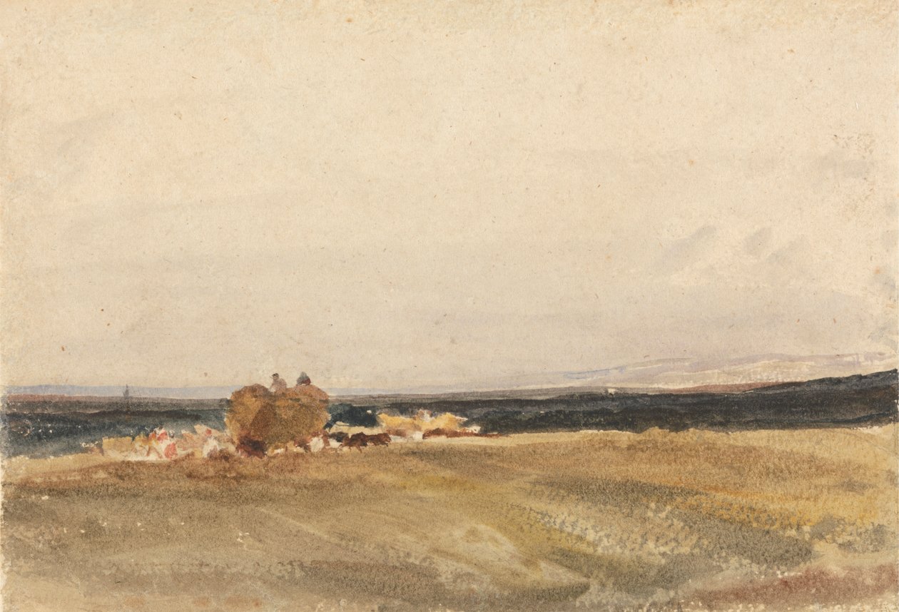 En hövagn i ett öppet landskap av attributed to Peter DeWint
