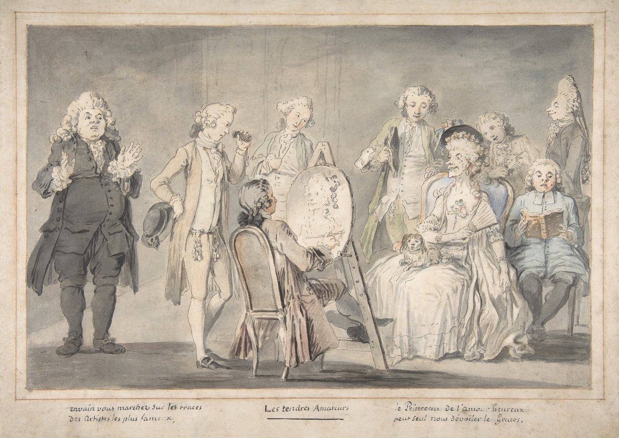 Satirisk teckning: Konstnär som målar en gammal dams porträtt, 1729-1804. av attributed to Pietro Antonio Novelli.
