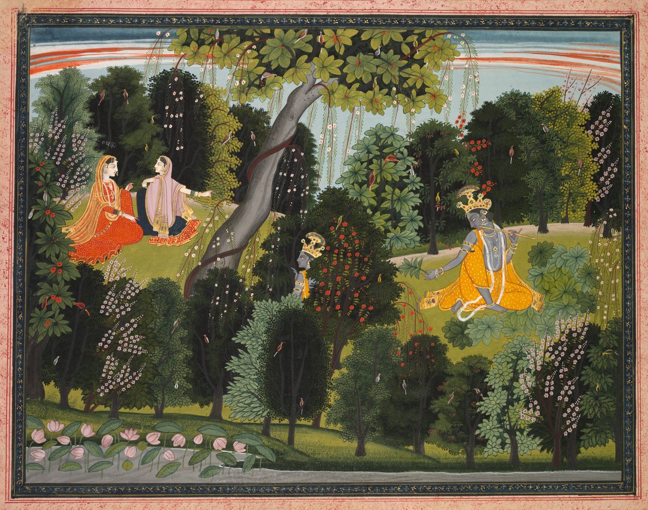 Sakhi övertalar Radha att möta Krishna, från en Gita Govinda (Coherdens sång) från Jayadeva av attributed to Purkhu
