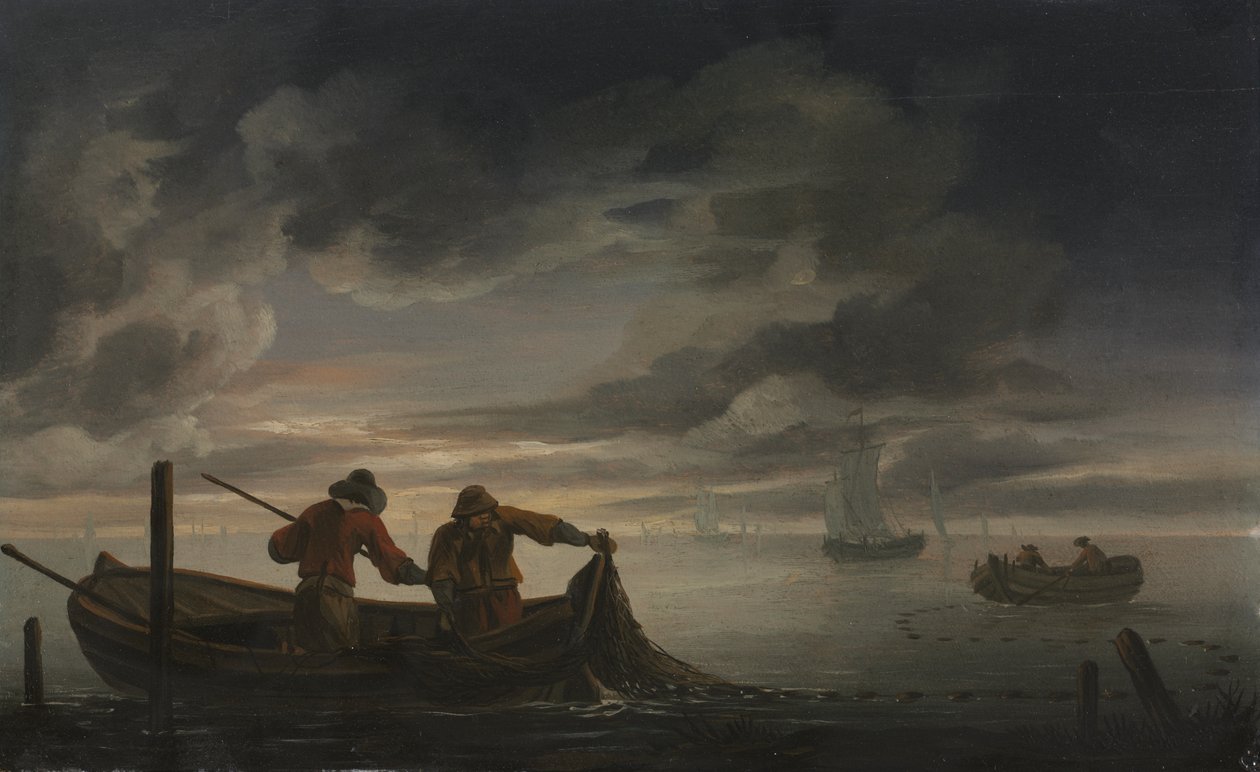 En flodmynningsscen med fiskare av attributed to Rafel Govertsz. Camphuysen