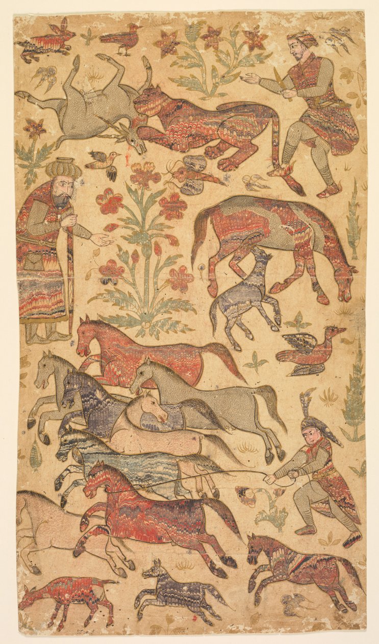 En marmorerad bild av Rustam som fångar Rakhsh av attributed to Shafi