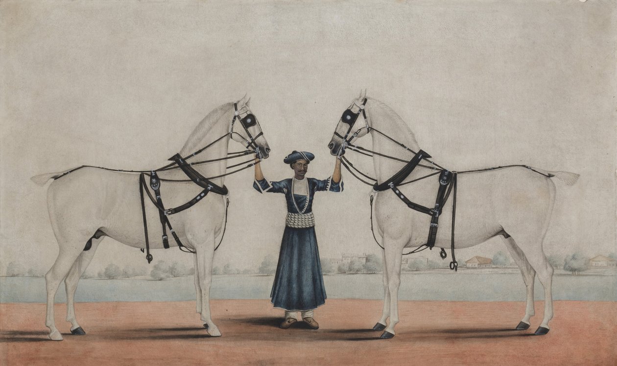 En Syce-brudgum som håller två vagnshästar, ca. 1845. av attributed to Shaikh Muhammad Amir of