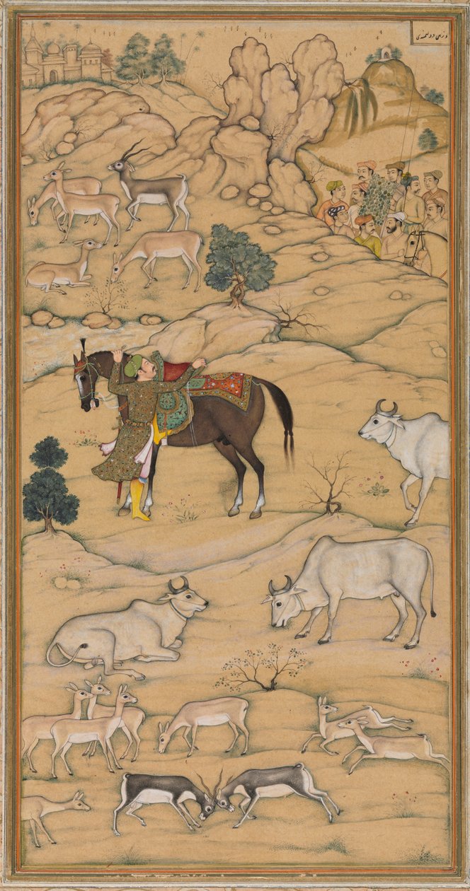 Akbar sätter upp sin häst; sida från Chester Beatty Akbar Nama (Akbars historia) av attributed to Sur Das Gujarati