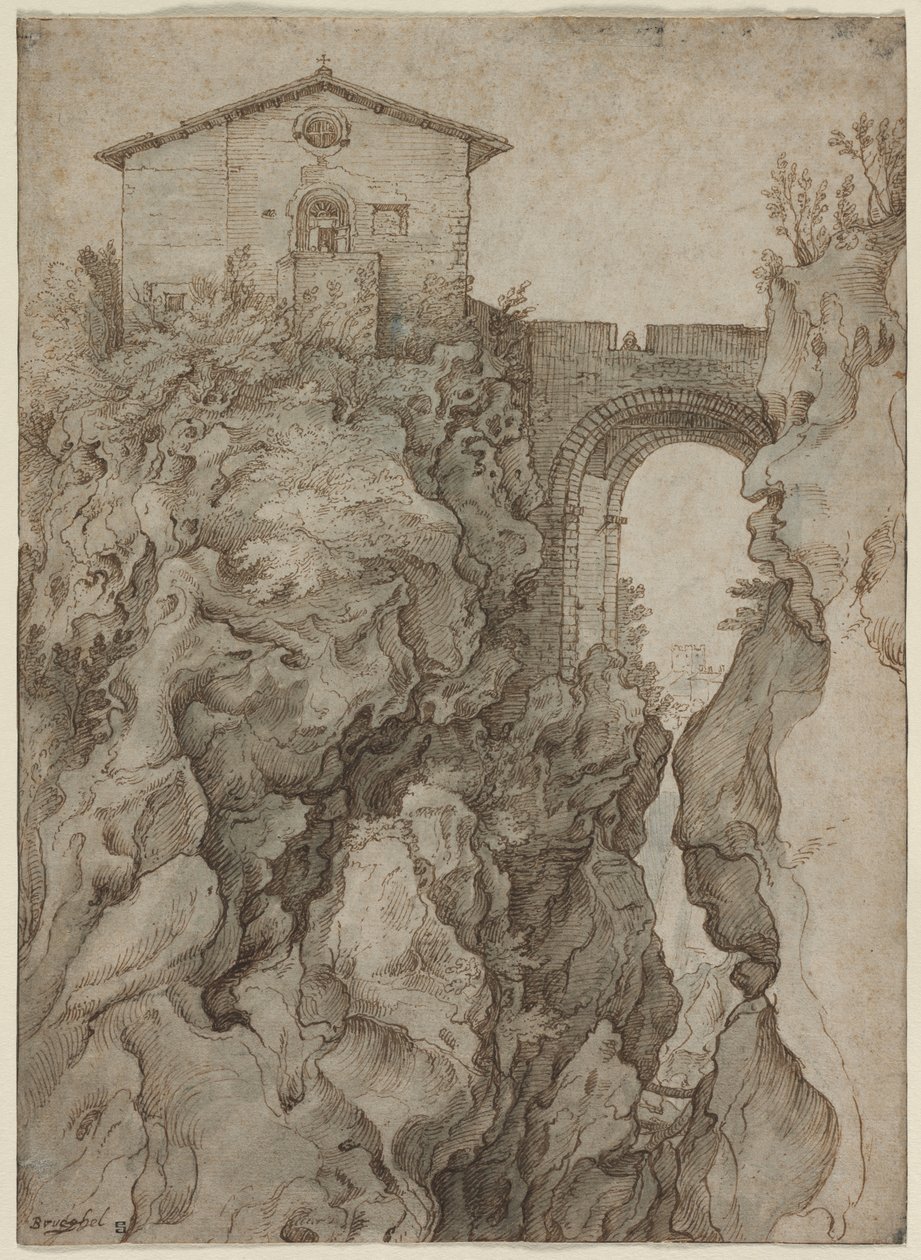 Ponte San Rocco i Tivoli av attributed to Willem van Niewlandt