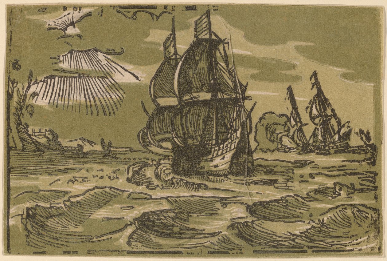 Två tremästarskepp utanför en kustlinje av attributed to workshop of Willem Jansz. Blaeu