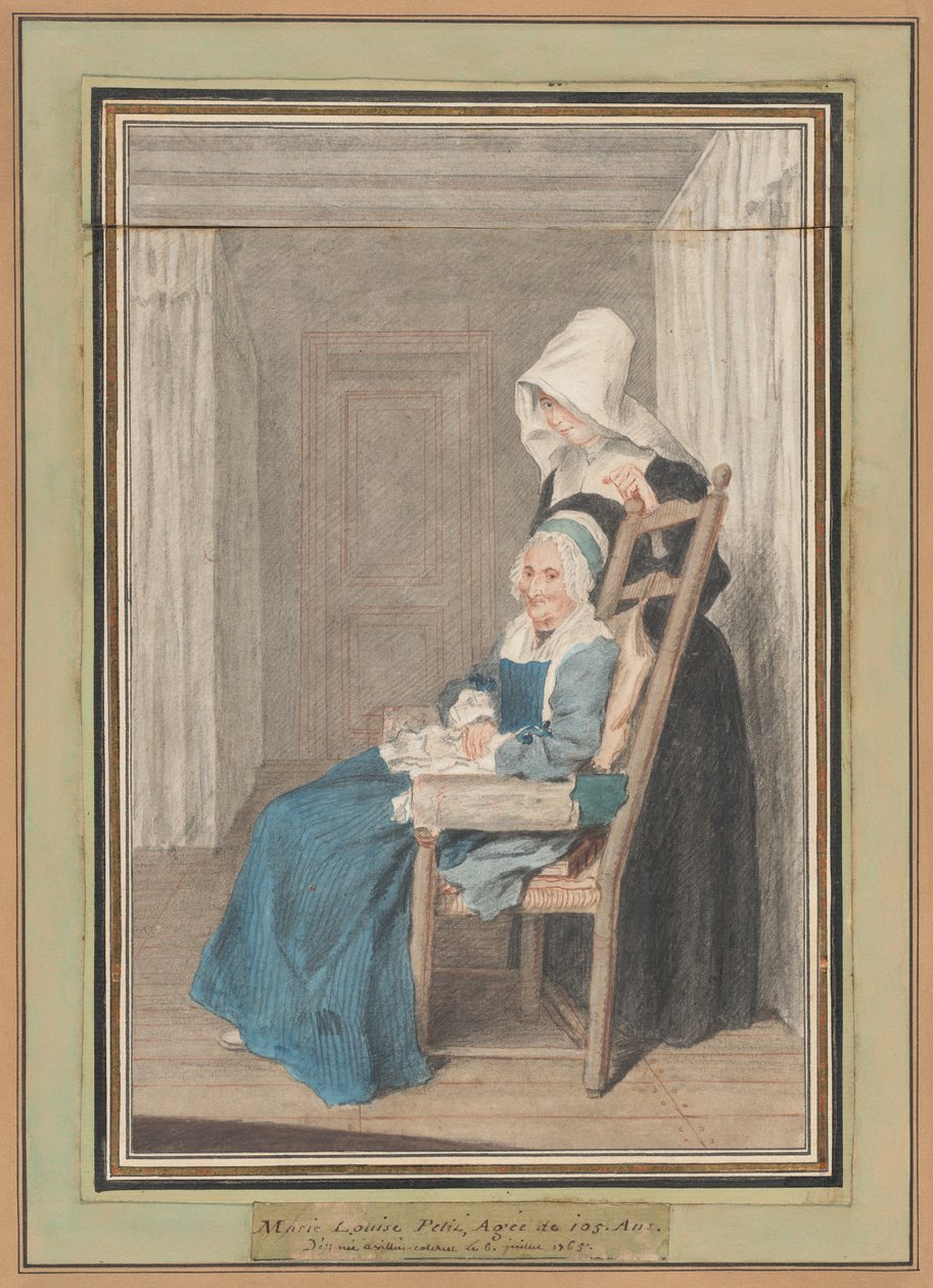Marie Louise Petit vid 105 års ålder, med sin unga sjuksköterska av called Carmontelle Louis de Carrogis
