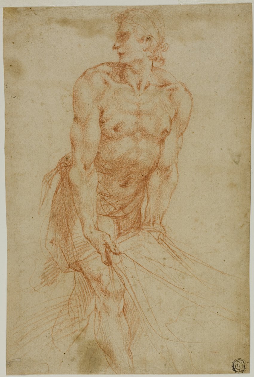 Man som drar i ett lakan: Studie för begravningen [Sakristian i Certosa di San Martino, Neapel, 1596] av called Cavaliere d