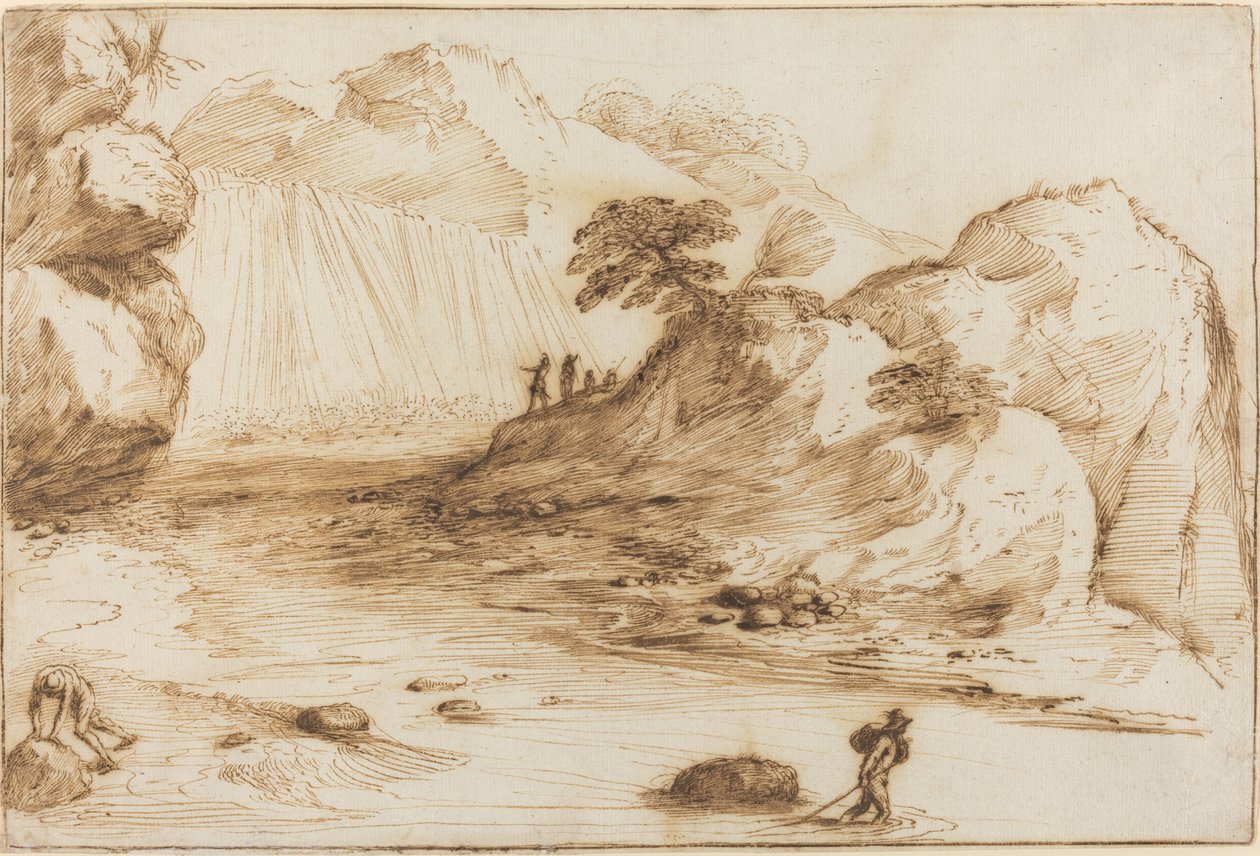 Landskap med ett vattenfall av called Guercino Giovanni Francesco Barbieri