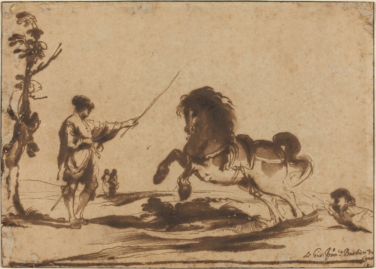 Landskap med tämjandet av en häst av called Guercino Giovanni Francesco Barbieri