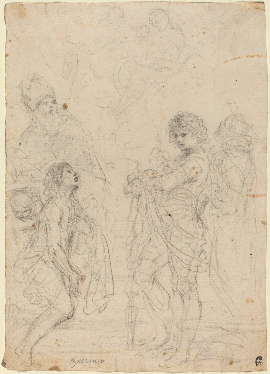 Madonna och barn med de heliga Gimignano, Johannes Döparen, George och Peter Martyr av called Guercino Giovanni Francesco Barbieri