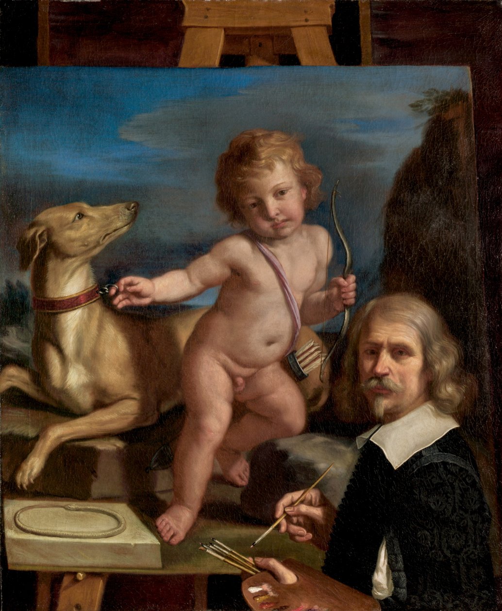 Självporträtt före en målning av "Amor Fedele" av called Guercino Giovanni Francesco Barbieri