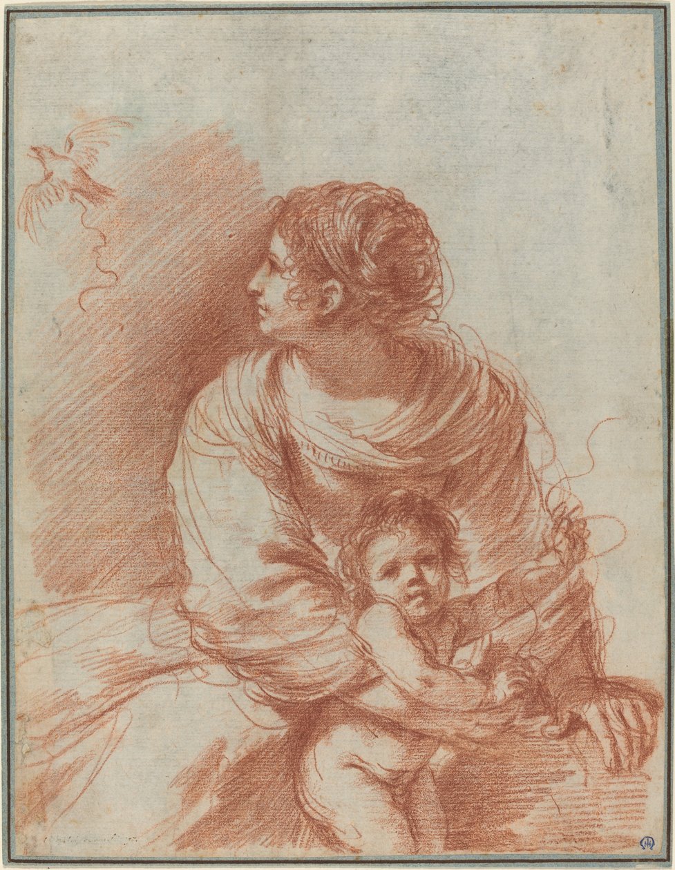 Madonnan och barnet med en förrymd guldfink av called Guercino Giovanni Francesco Barbieri