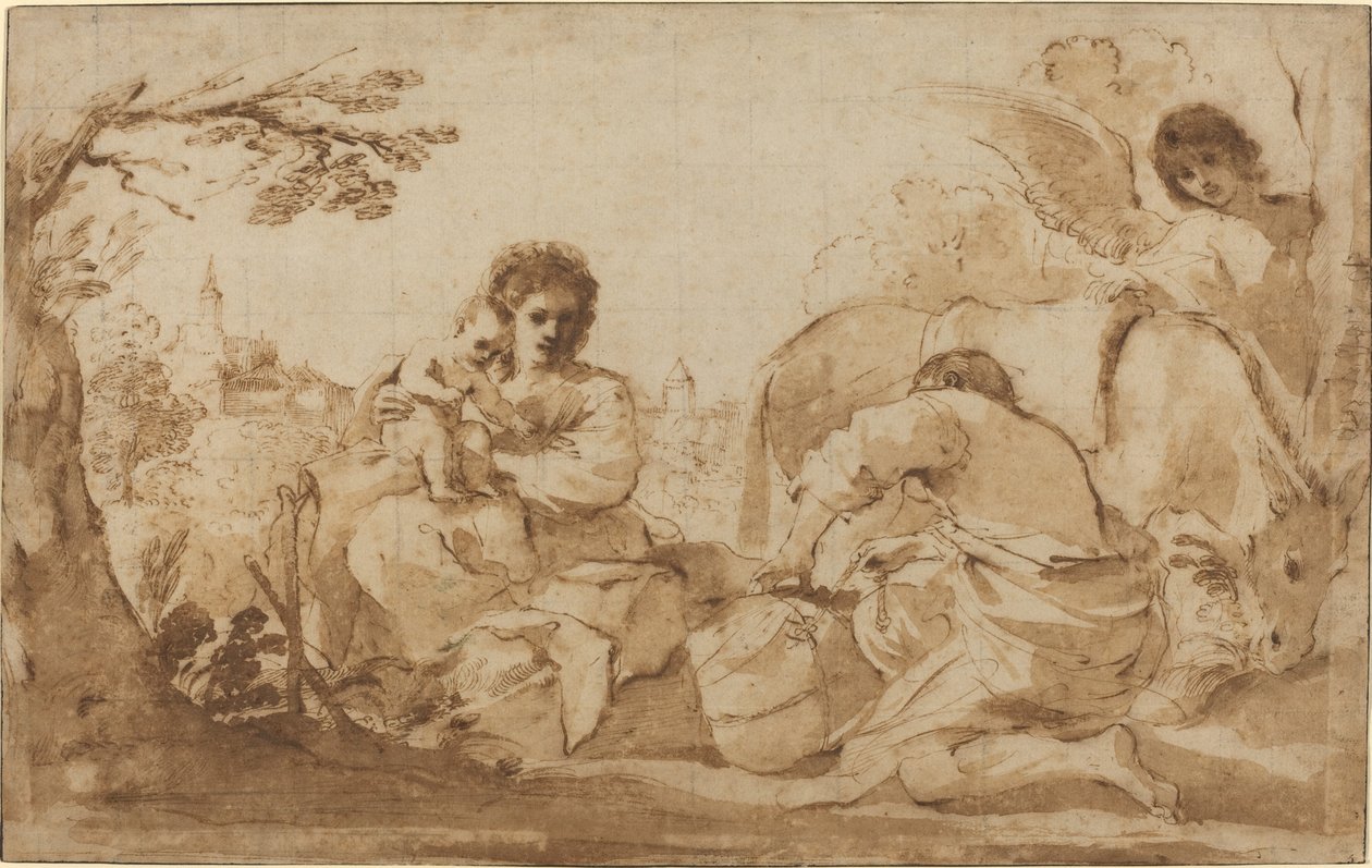 Resten på flykten till Egypten av called Guercino Giovanni Francesco Barbieri