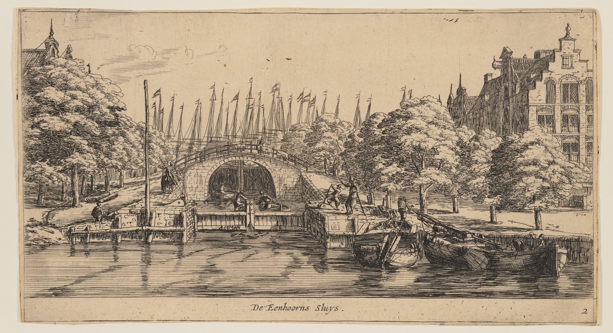 De Eenhorns Sluys, från Vyer över Amsterdam av called Zeeman Reinier Nooms