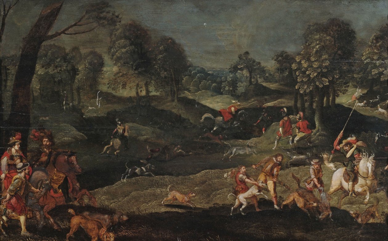 Hetzjagd in Waldlandschaft, an der ein Herrscherpaar teilnimmt av circle of Sebastian Vrancx