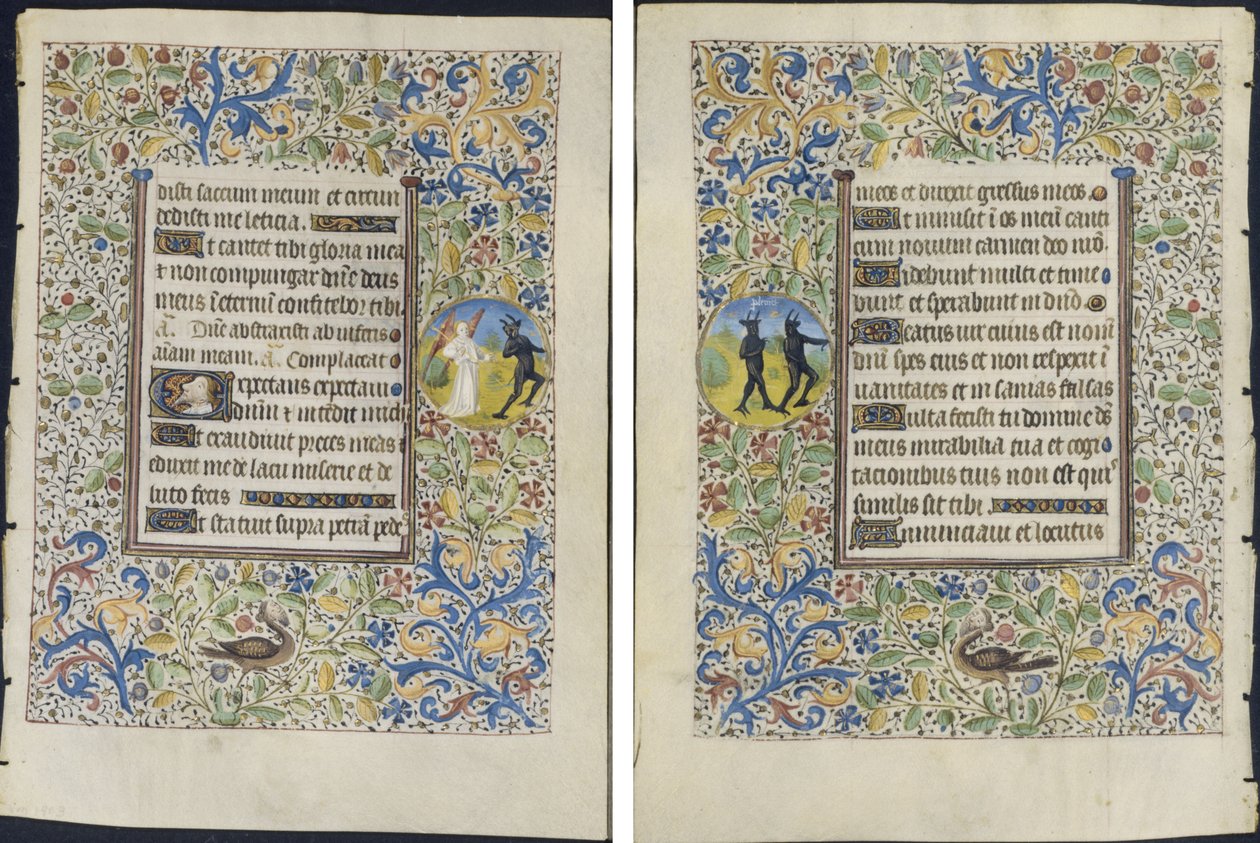 Leaf from a Book of Hours: Angel Chasing a Devil (recto) och Two Devils (verso) av circle of Coëtivy Master