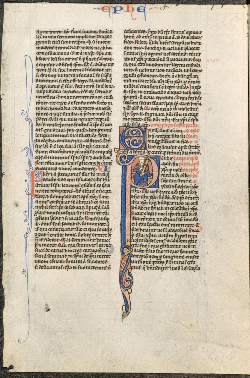 Blad från en latinsk bibel: Initial P med St. Paul som håller ett svärd (S:t Paulus brev till Efesierna) av circle or workshop of Johannes Grusch Atelier