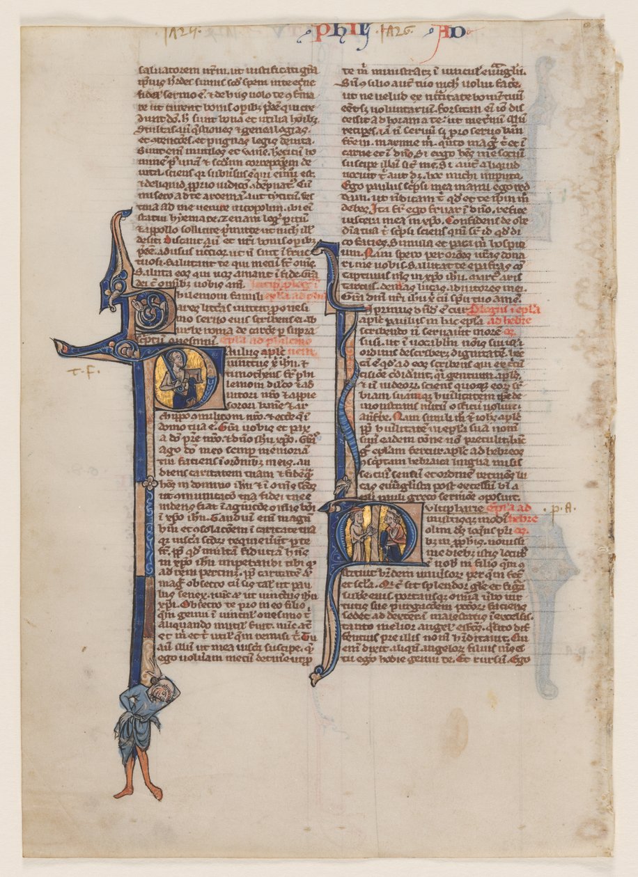 Blad från en latinsk bibel: Initial P: St. Paul med ett svärd och en bok av circle or workshop of William de Brailes