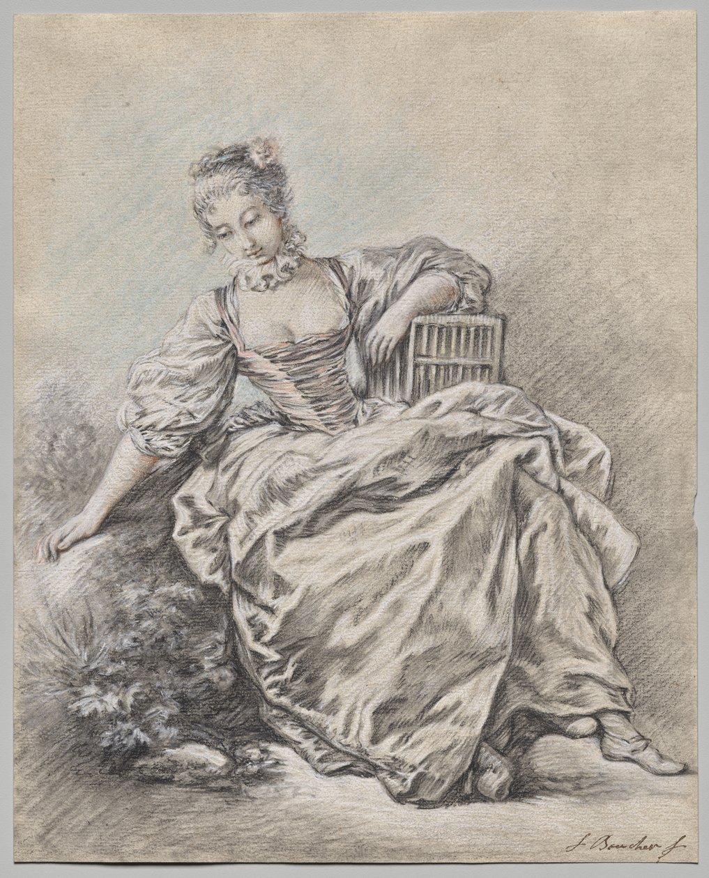 Sittande kvinna som håller en fågelbur av copy after François Boucher