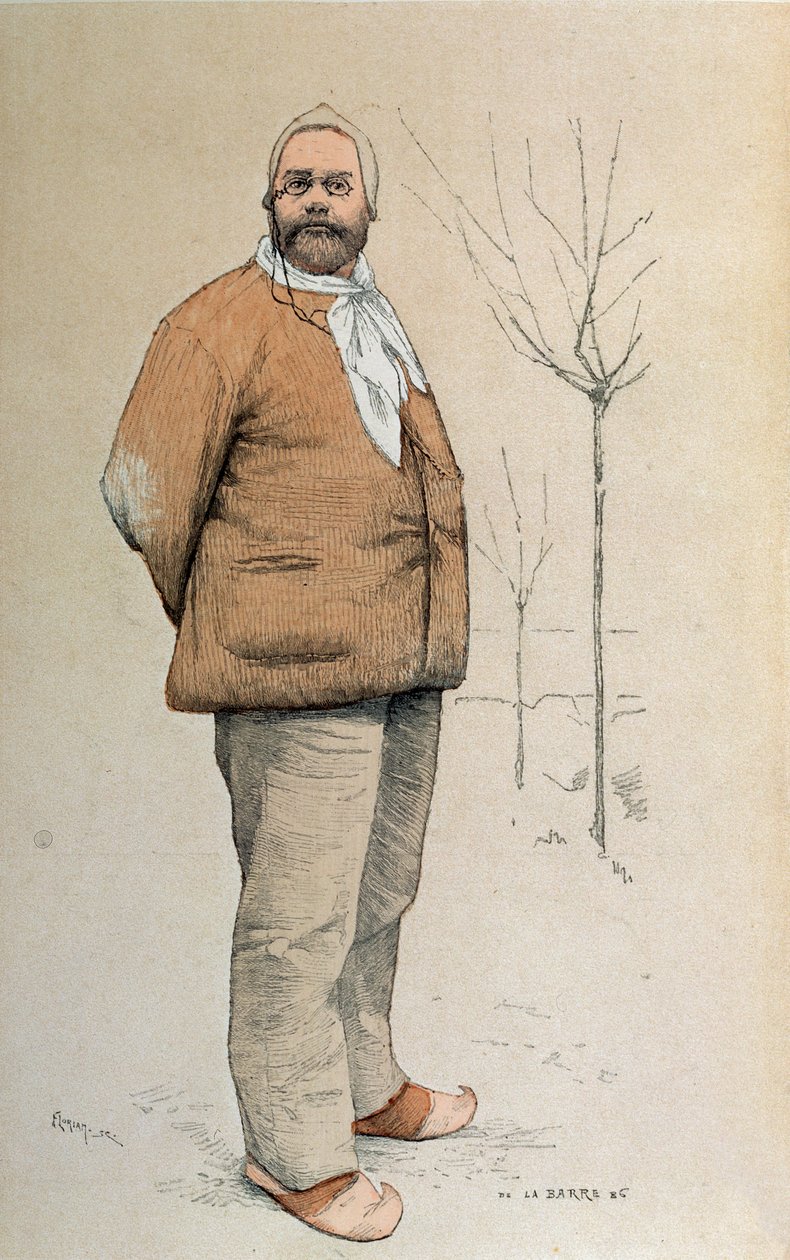 Porträtt av Emile Zola (1840-1902) från framsidan av "La Revue Illustree", graverat av Florian, 15 februari 1887. av de La Barre