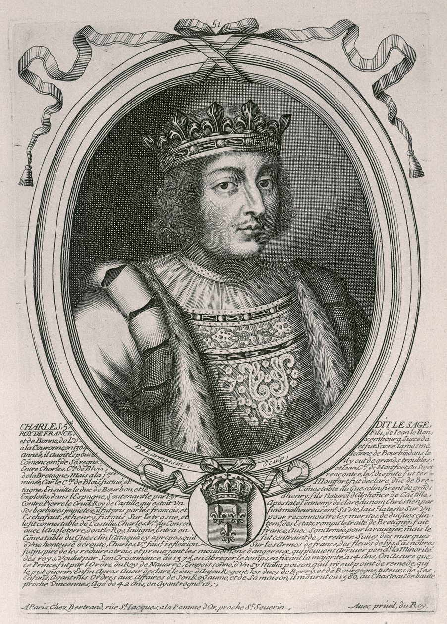 Karl V den vise (1338-80), kung av Frankrike, ur "Les Augustes Representations de tous les Rois de France depuis Pharamond jusqu