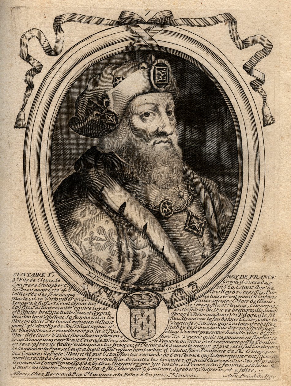 Porträtt av Clotaire (Clothaire) I (497 - 561), kung av Neustrien och kung av frankerna - Clothar I, frankernas kung - gravyr från 