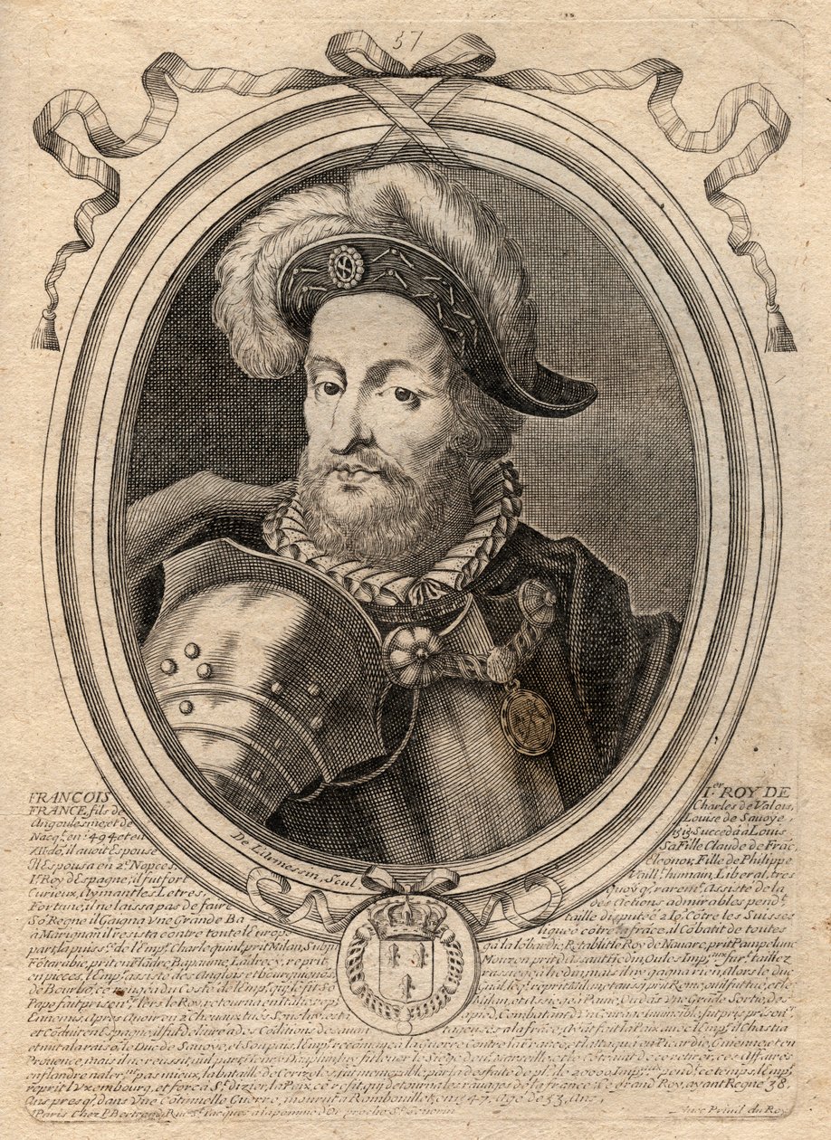 Porträtt av Francois I (1494 - 1547), kung av Frankrike - Frans I, kung av Frankrike - gravyr från 