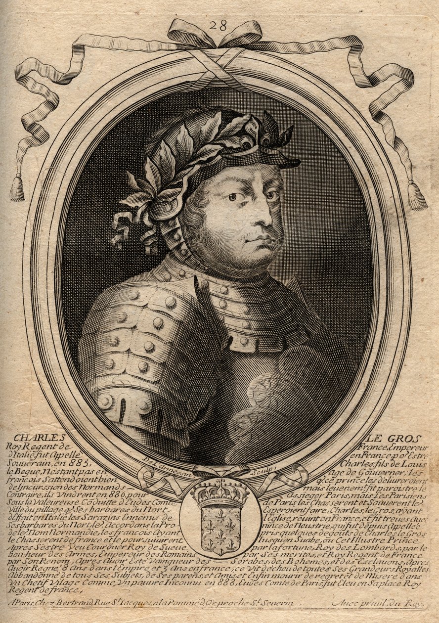 Karolingiska dynastin: Porträtt av Karl III Le Gros (839-888) Frankernas kung - Karl III den tjocke - gravyr från 