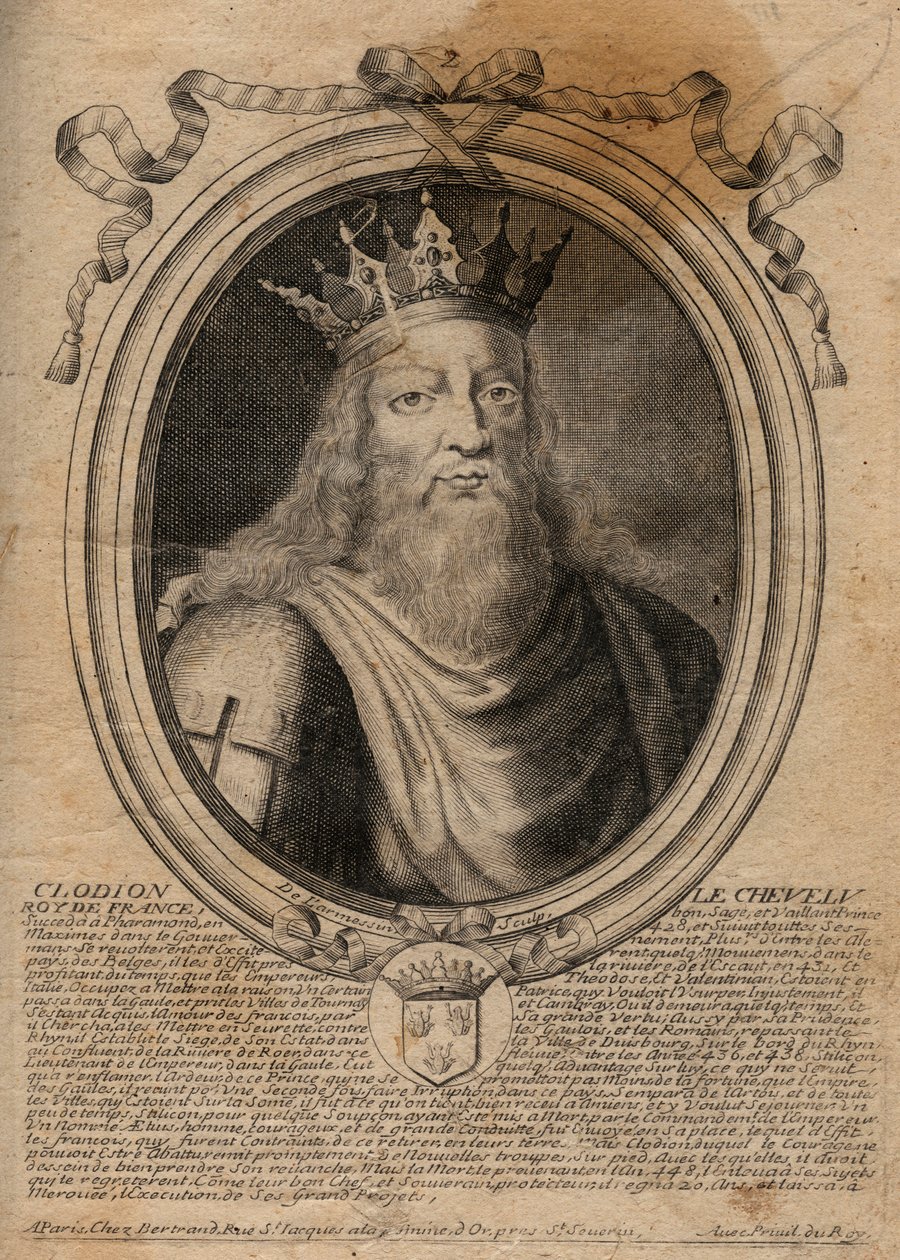 Clodion dit "" Le Chevelu"" (428-448), förfader till merovingerna, hövding för Salians Francs - Clodion The Hairy (c.428-47) Kung av en stam av Salian Franks - gravyr från 