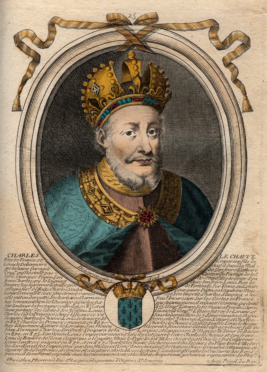 Porträtt av Karl II den skallige (823-877), Frankrikes kung - Karl II (823-877) den skallige - gravyr från 