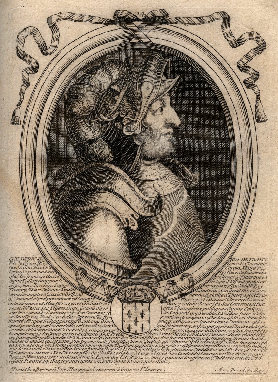 Porträtt av Childeric II, kung av frankerna från 670 till 673 - CHILDERIC II 655-675 kung merovinger av Frankrike och Austrasien - gravyr från 