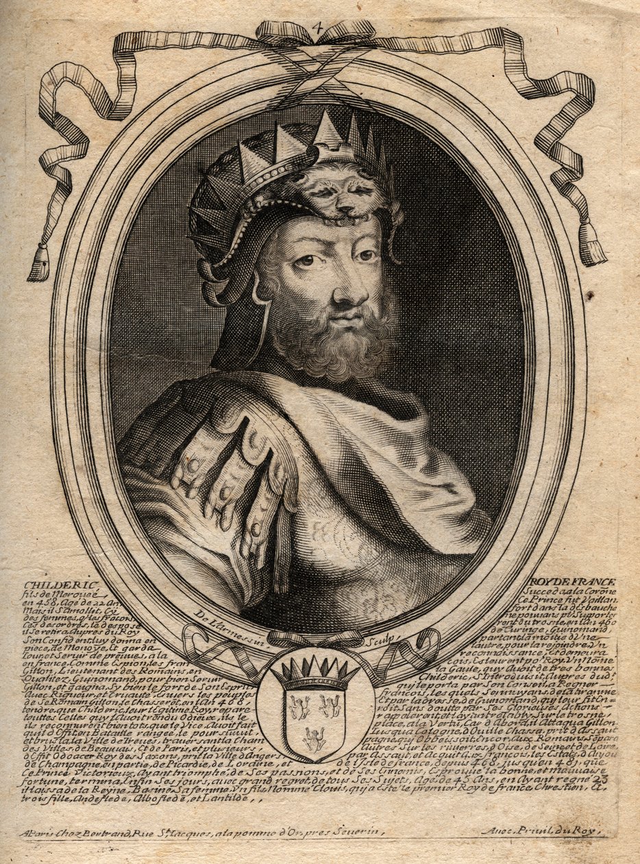 Porträtt av Childeric I, kung av Salians Francs (436-481) - CHILDERIC I kung av Salian Franks - gravyr från 