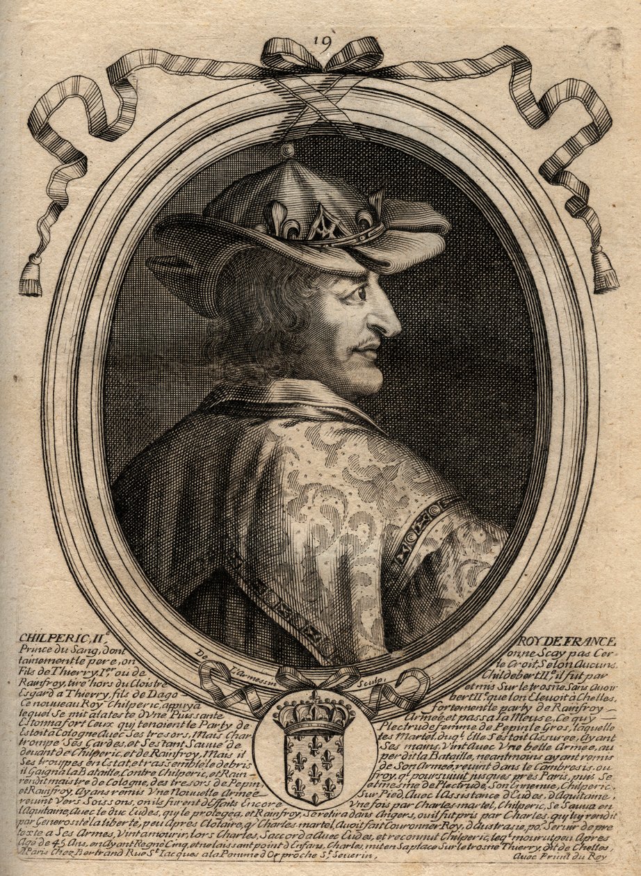 Porträtt av Chilperic II (ca 670 - 721), kung av Neustrien - CHILPERIC II kung av frankerna - gravyr från 
