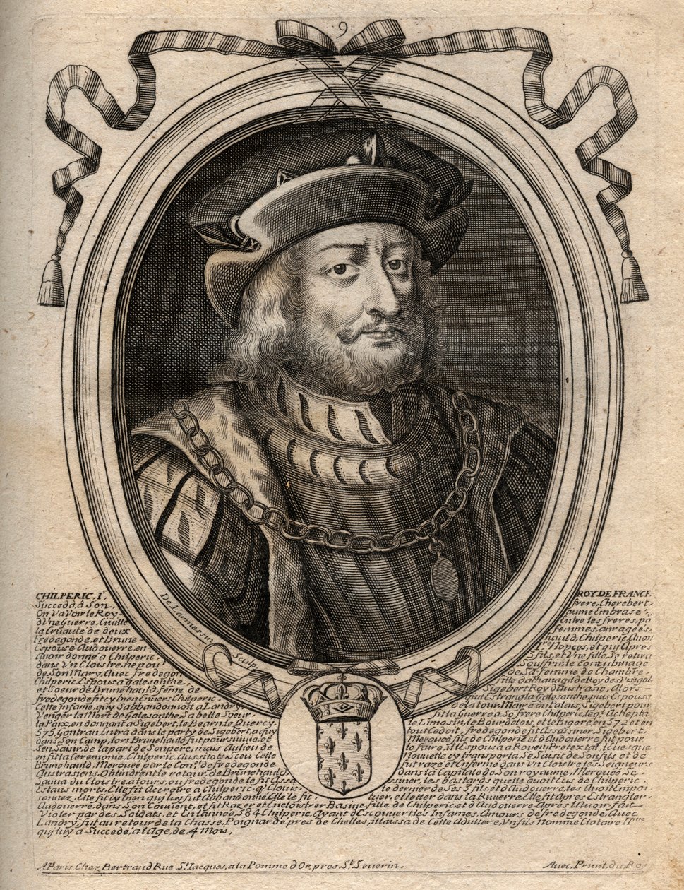 Porträtt av Chilperic I (539 - 584), kung av Neustrien - Chilperic I, merovingerkung av Frankrike - gravyr från 