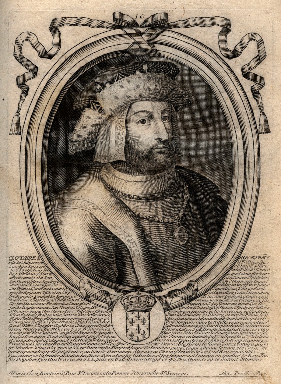 Porträtt av Clotaire (Clothaire) II (584 - 628), kung av Neustrien och kung av frankerna - Clotaire eller Chlotar II (d.629) Frankernas kung - gravyr från 