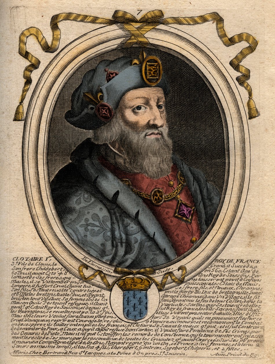 Porträtt av Clotaire (Clothaire) I (497-561), kung av Neustrien och kung av frankerna - Clothar I, frankernas kung - gravyr från 